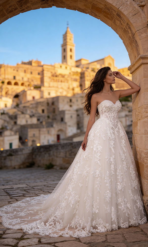 Braut in trägerlosem Spitzenbrautkleid steht unter einem Steinbogen vor historischer Stadtkulisse im warmen Abendlicht.