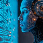 Futuristischer humanoider Roboter im Profil, dessen Gesicht von leuchtenden Partikeln durchzogen ist, blickt konzentriert auf einen Bildschirm voller Code in einer cyberpunk-inspirierten, blau-orangenen Lichtstimmung.