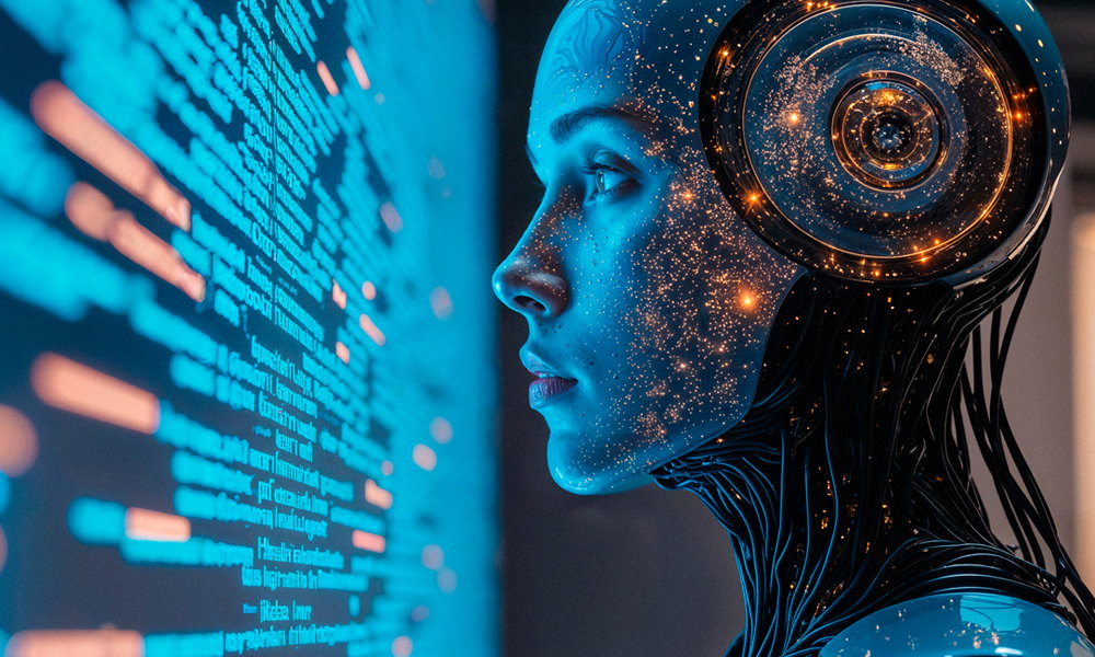 Futuristischer humanoider Roboter im Profil, dessen Gesicht von leuchtenden Partikeln durchzogen ist, blickt konzentriert auf einen Bildschirm voller Code in einer cyberpunk-inspirierten, blau-orangenen Lichtstimmung.