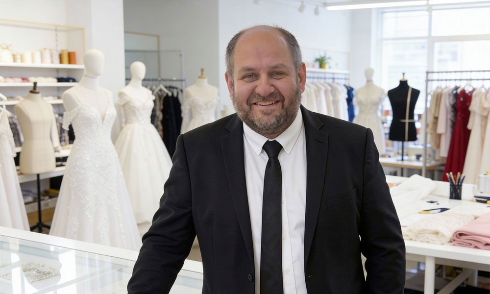 Mann im schwarzen Anzug steht lächelnd in einem Brautmodengeschäft, umgeben von Schaufensterpuppen mit verschiedenen Brautkleidern und Stoffen auf einem Arbeitstisch.