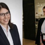 Zwei Porträts von Businessfrauen in eleganter Kleidung – links mit Brille vor neutralem Hintergrund, rechts auf einer Branchenveranstaltung