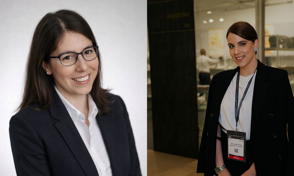 Zwei Porträts von Businessfrauen in eleganter Kleidung – links mit Brille vor neutralem Hintergrund, rechts auf einer Branchenveranstaltung