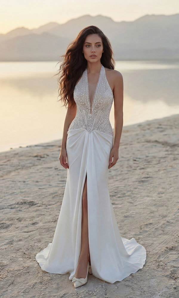 Braut in fließendem Brautkleid mit tiefem Ausschnitt steht am Strand vor ruhiger Wasser- und Bergkulisse im Abendlicht.