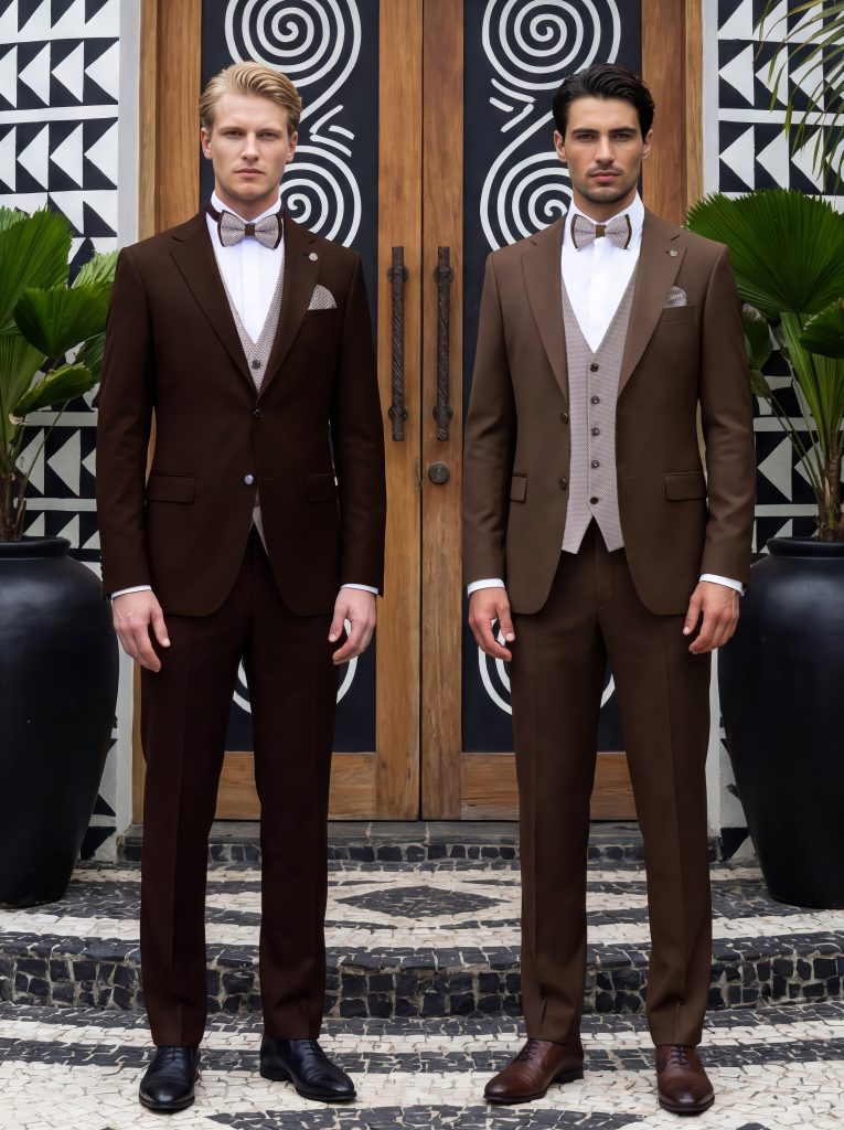 Een contrasterende gilet en vlinderstrik maken deze looks van MANZETTI compleet.